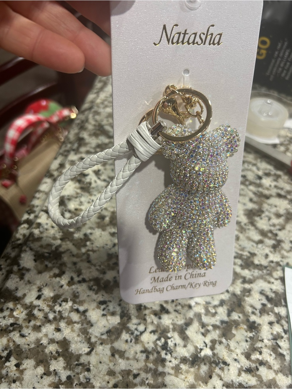 Sparkling Teddy Bear Keychain Charm with Braided Wristlet - Picture 2 of 4